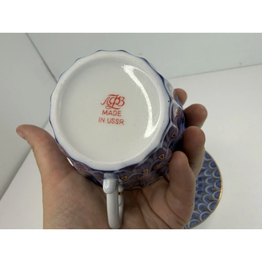 Lomonosov Porcelain Tea Cup Saucer Forget Me Not Cobalt Blue Gold USSR LFZ